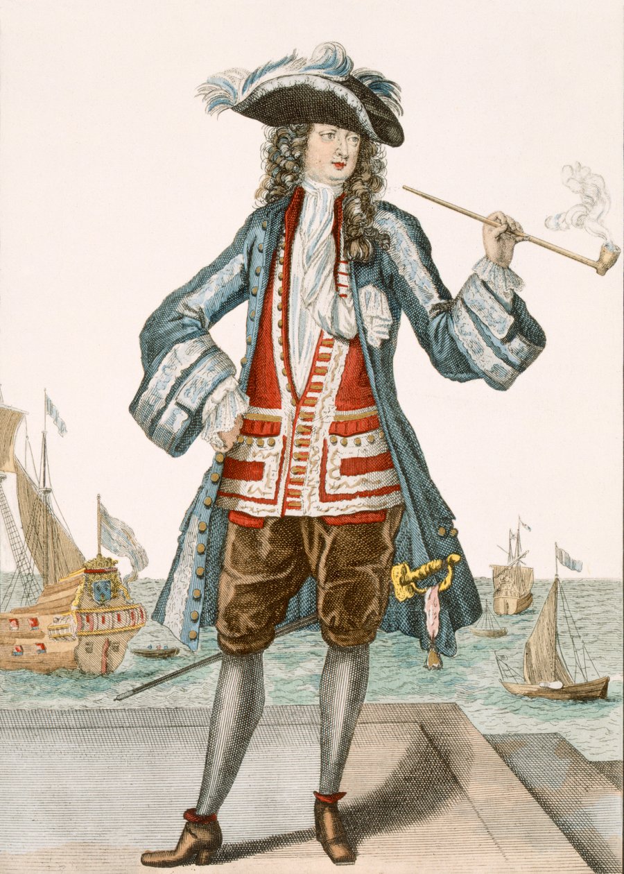 Kaptajn Jean Bart af Dunkerque 88:Le Capitaine Jean Baert de Dunquerque, flådens kaptajn, står og ryger en lang pibe på havnen; Jean Bart (1651-1702), flamsk sømand m af French School