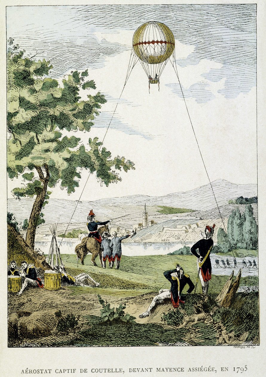 Captive aerostat af Jean Marie Joseph (Jean-Marie-Joseph) Coutelle (1748-1835), før Mainz belejrede af French School