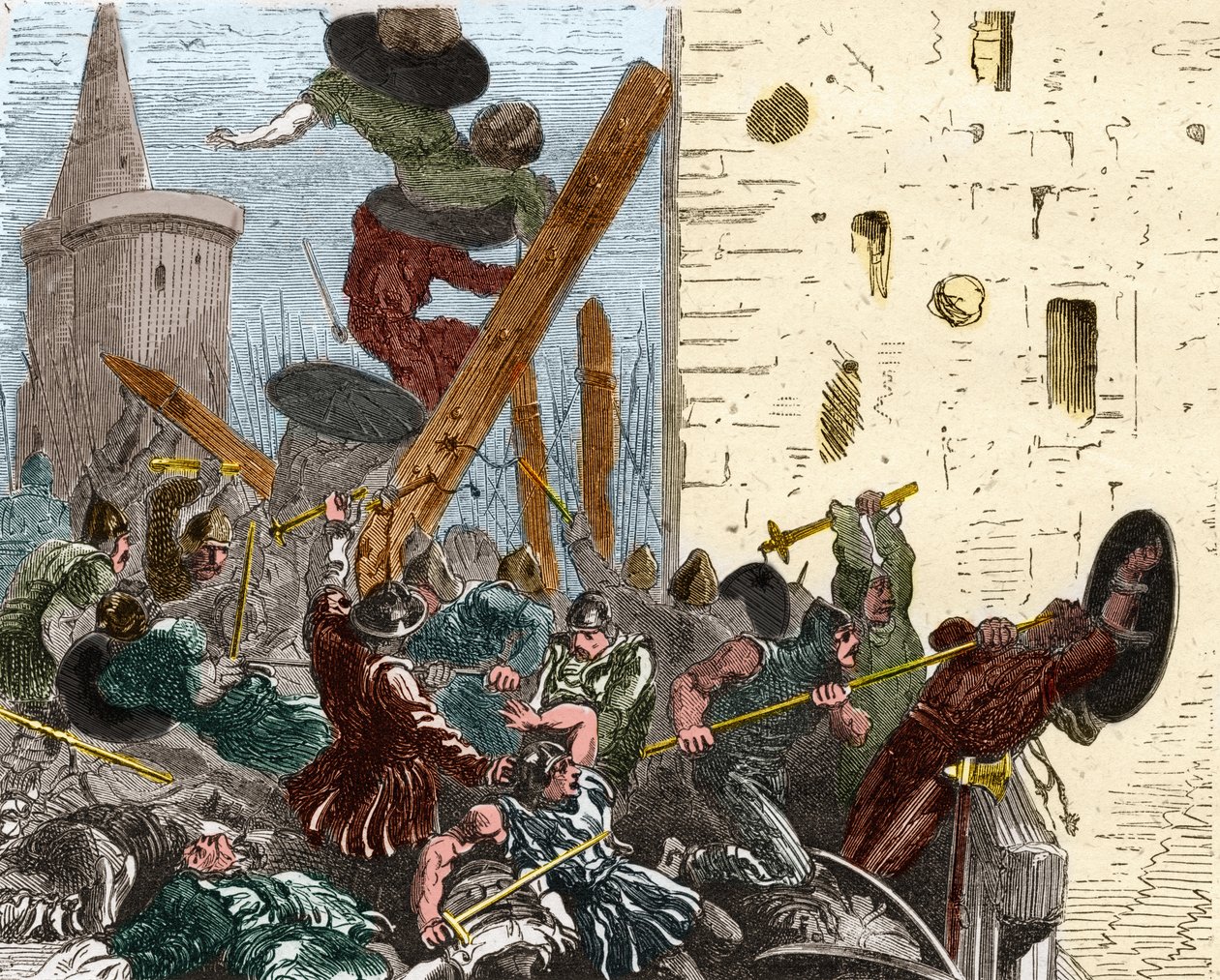 Tilfangetagelse af Carcassonne under korstoget mod Albigeers i august 1209. Indgravering i "" Histoire De France En Cent malerier af Paul Lehugeur "" 1891 af French School