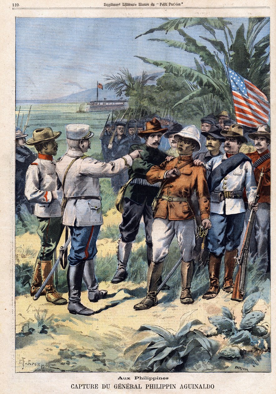 Tilfangetagelse af generalen og den filippinske politiker Emilio Aguinaldo (1869-1964) i Filippinerne i "Le Petit Parisien" den 14/04/1901 (gravering). af French School