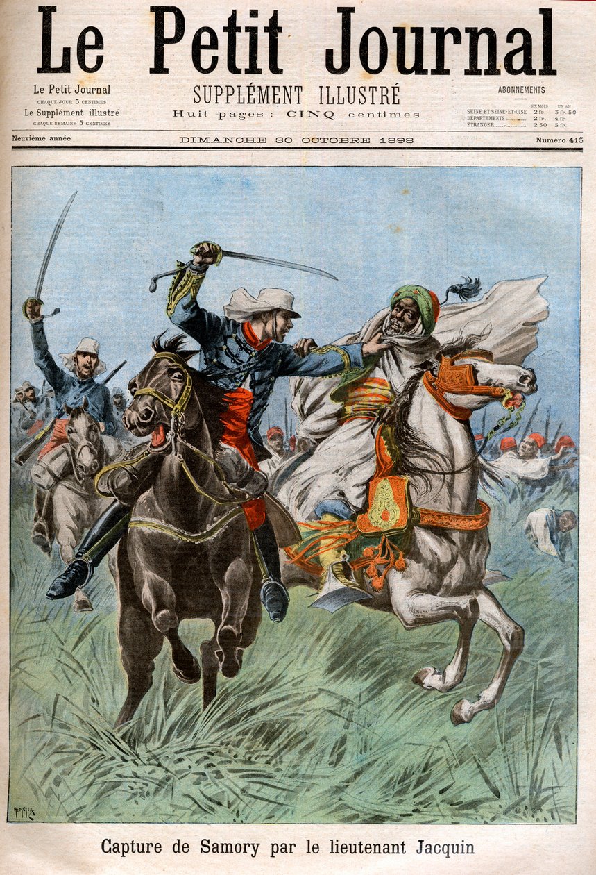 Tilfangetagelse af Samory Toure (ca. 1830-1900), sudanesisk leder og modstander af fransk kolonisering i Afrika, af kaptajn Gouraud og løjtnant Jacquin. Sudan af French School