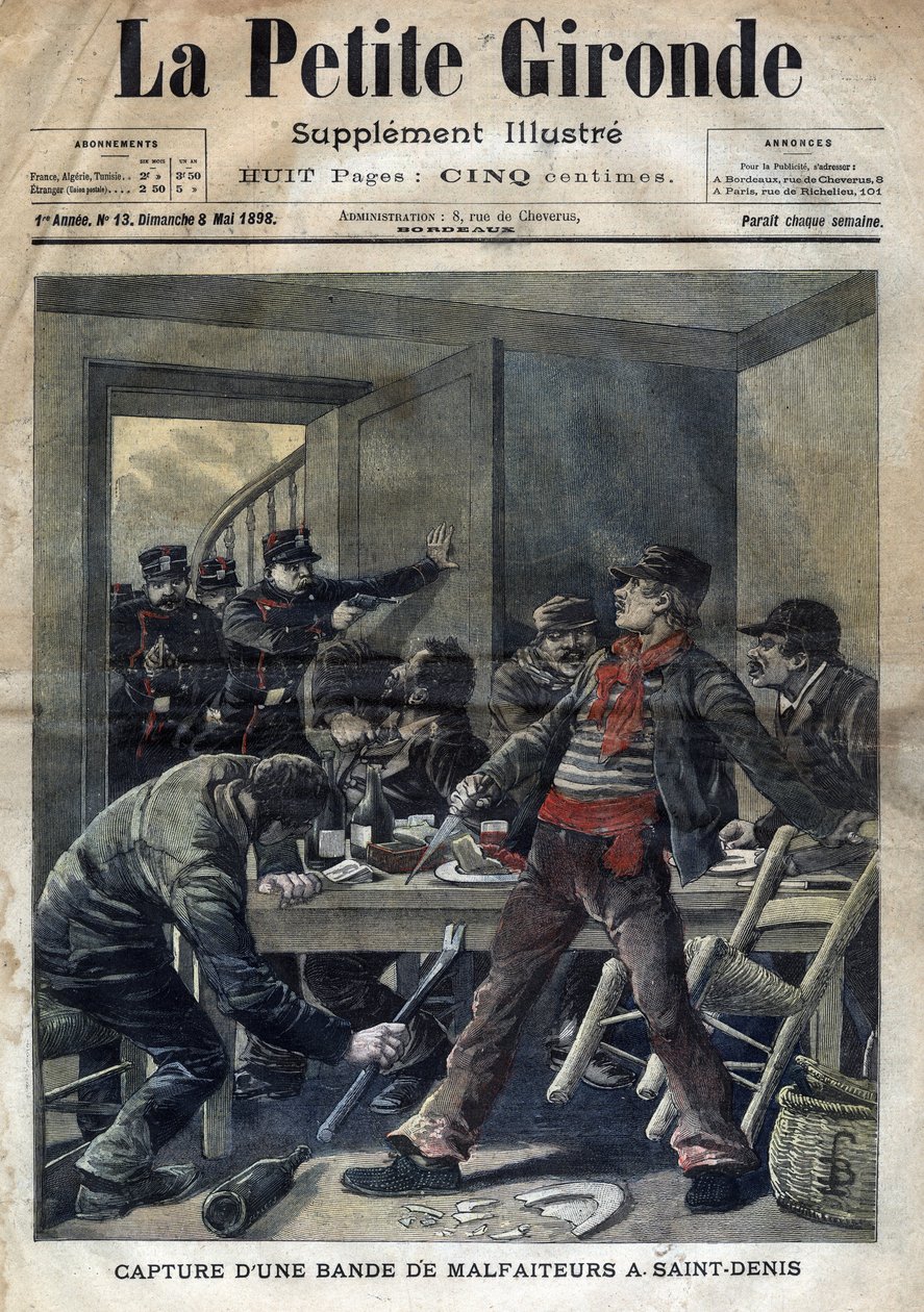 Tilfangetagelse af en bande kriminelle i Saint-Denis (Saint Denis) i 1898. Cover af "" La petite Gironde"" af 8. maj af French School