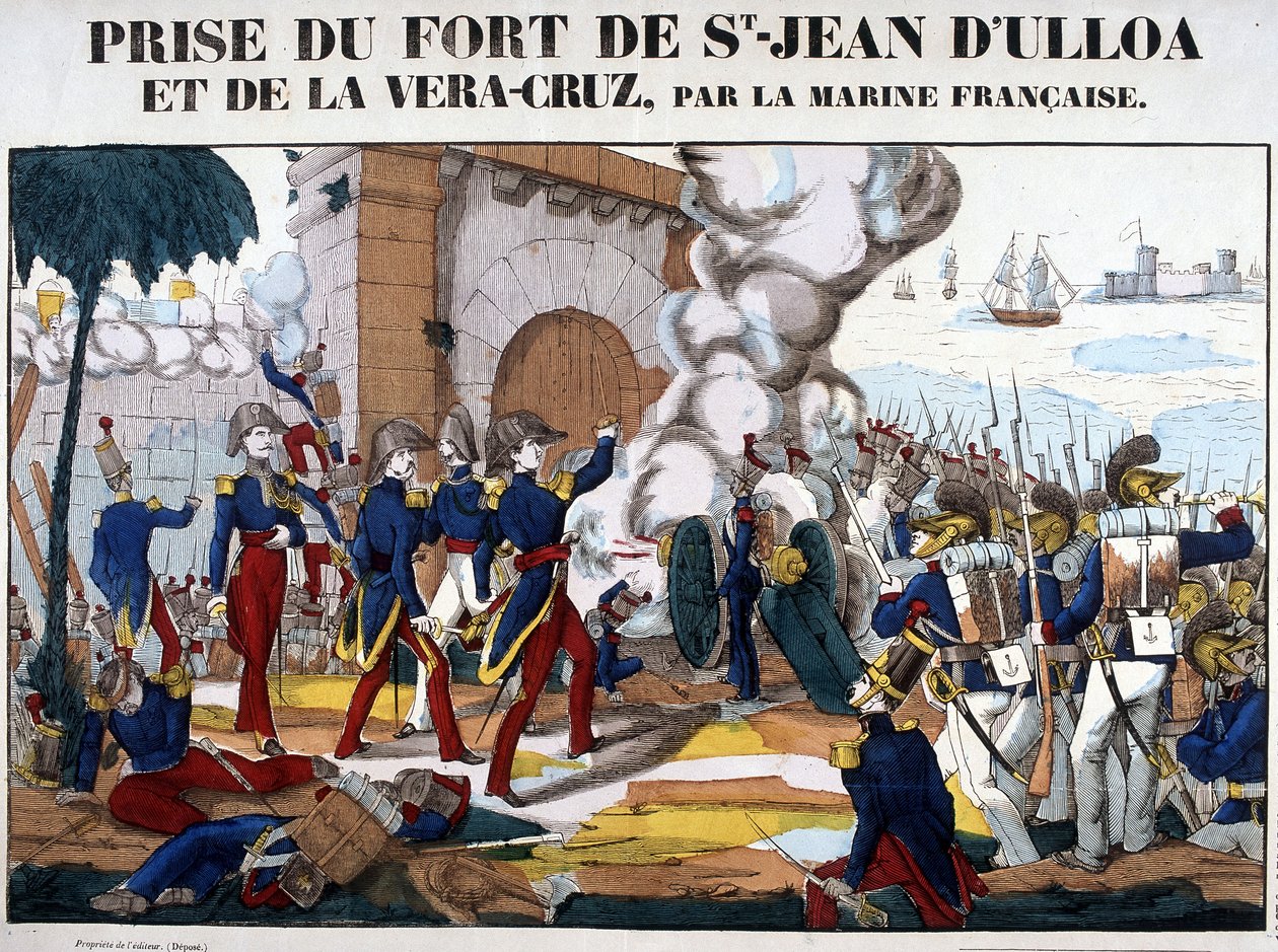 Tilfangetagelse af fortet Saint John of Ulloa og La Vera Cruz i Mexico i november 1838. Billede af Epinal af French School