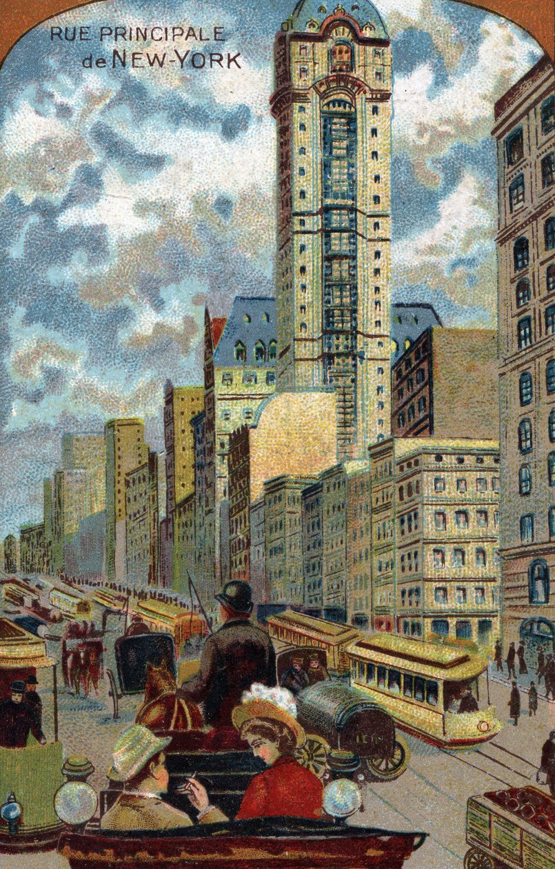 Biltrafik i Broadway, Main Street i New York (New York) (Trafikpropper på Broadway Avenue, Manhattan) 1800-tallets kromolitografi privat samling af French School