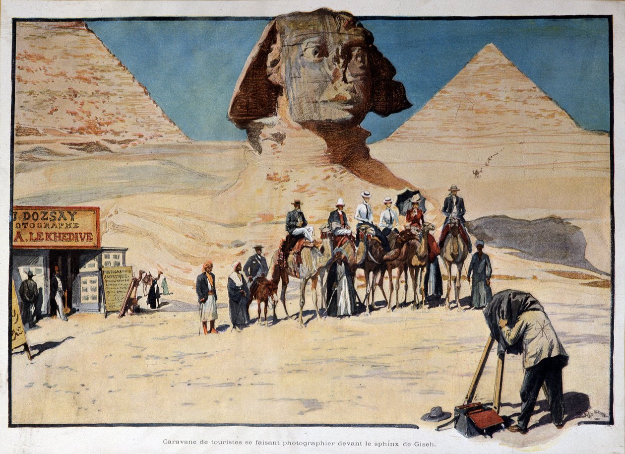 Karavane af turister, der bliver fotograferet foran Gizeh-sfinksen (Guiseh, Giza, Giza) af French School