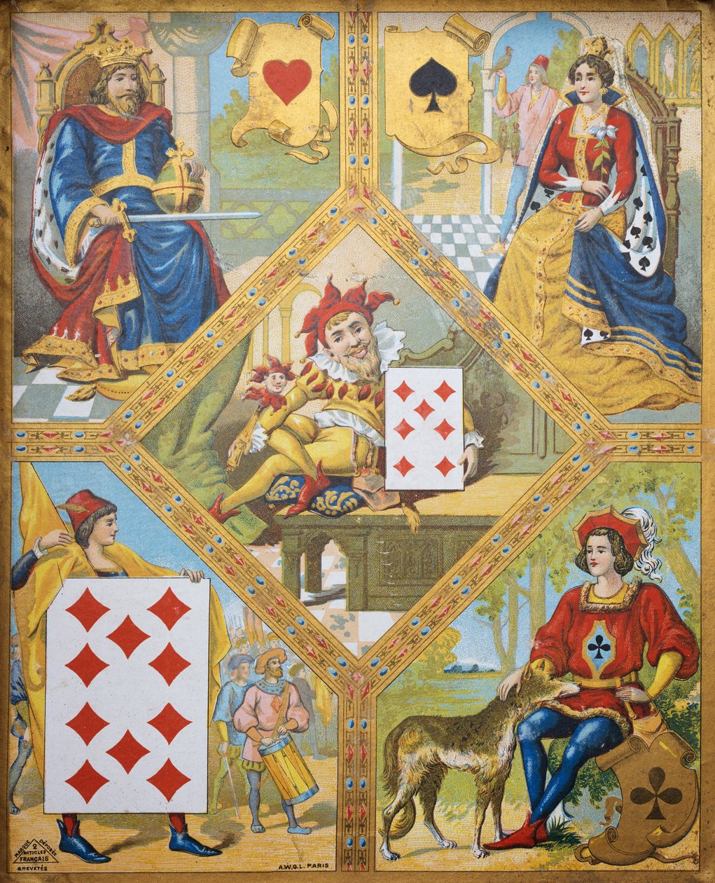 Kortspil, tallerken med hjertekonge, spardronning, ruderti og kløverkønt, dværg Lindoro med rudersyv i midten, Frankrig af French School