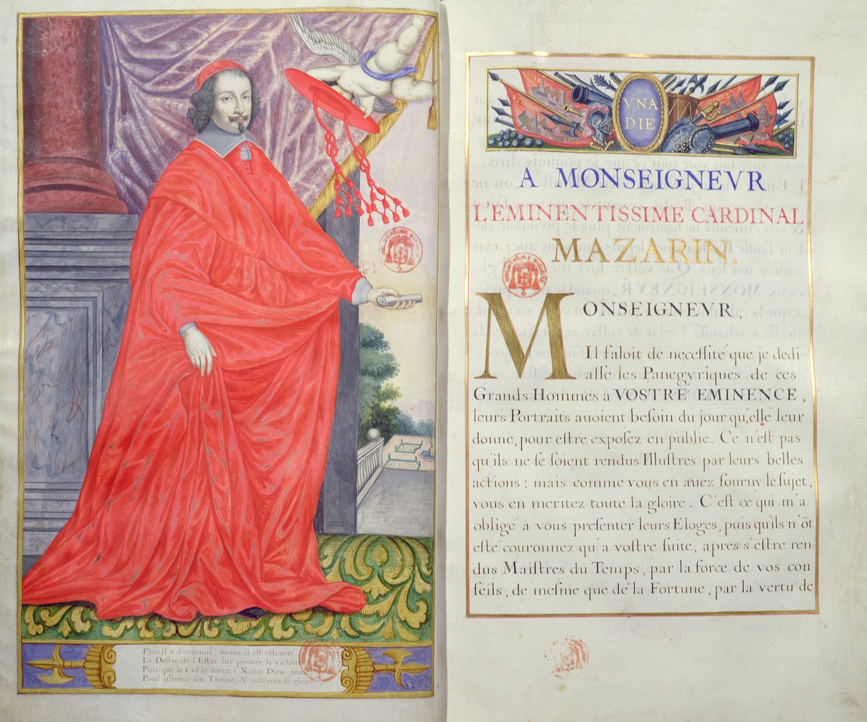 Kardinal Mazarin, illustration og dedikation fra The Panegyrics of the Illustrious Men of Our Century af Puget de la Serre, 1655 af French School