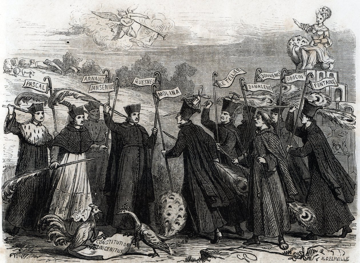 Karikatur om Unigenitus, en apostolisk forfatning i form af en pavelig tyr, udstedt af pave Clemens XI i 1713, åbnede den sidste fase af Jansenist-kontroversen i Frankrig 1713 (gravering) af French School