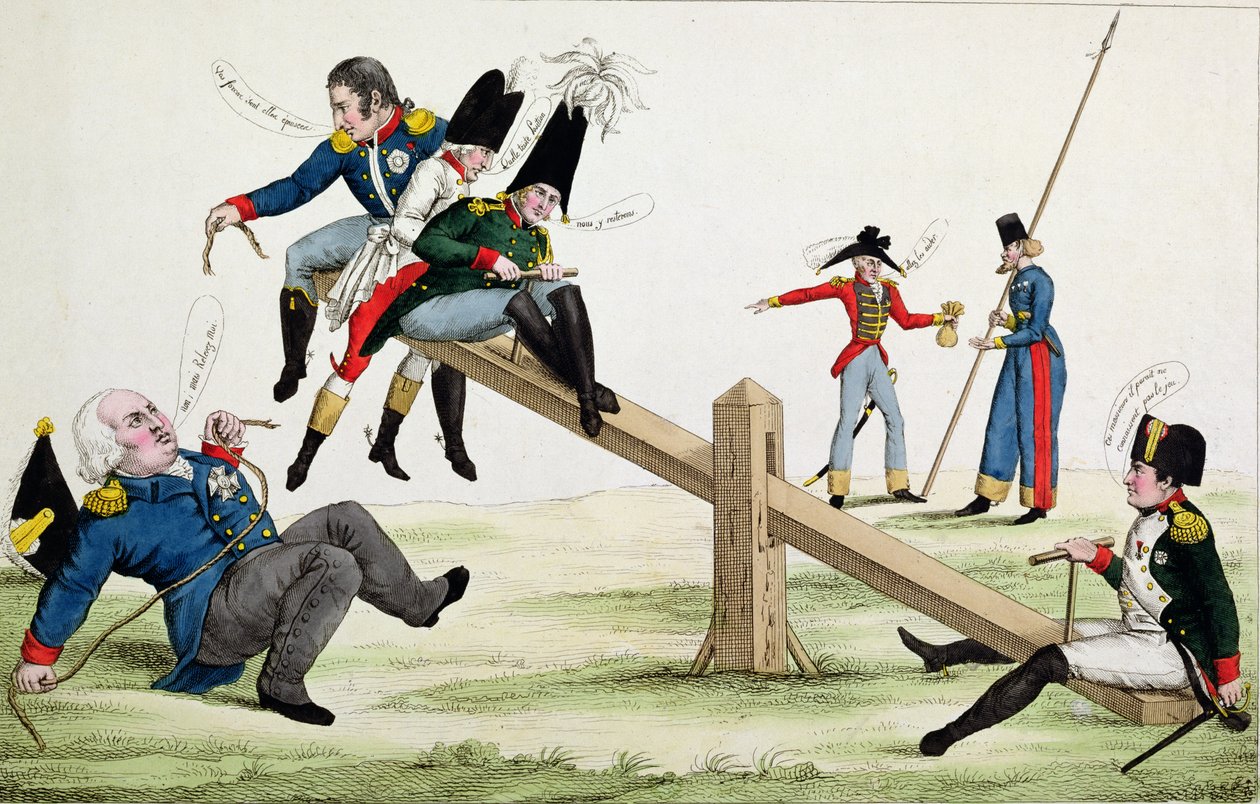Karikatur af Ludvig XVIII (1755-1824) Napoleon (1769-1821) og de allierede på tidspunktet for Cent-Jours i 1815 af French School