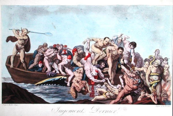 Karikatur af Napoleon (1769-1821) ved den sidste dom, ca. 1815 (farve litho) af French School