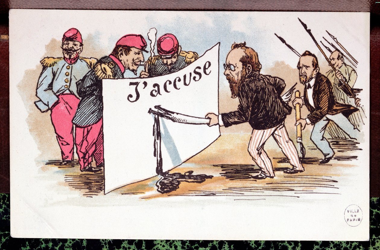 Karikatur af JAccuse, artikel skrevet af Emile Zola (1840-1902) til forsvar for Alfred Dreyfus, 1898 af French School