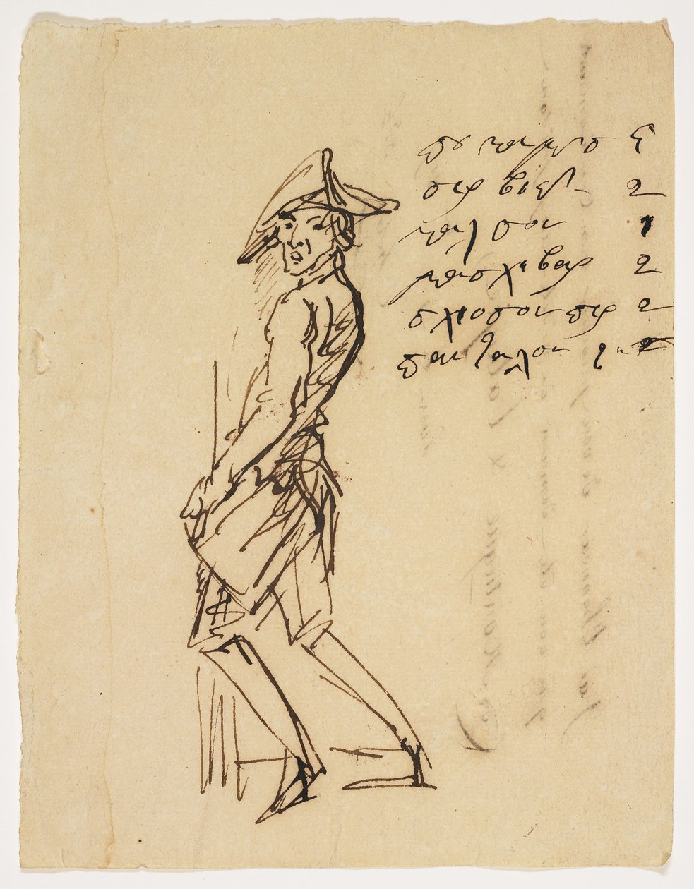 Karikatur af en ung soldat, 1809 (pen og brunt blæk på papir) af French School