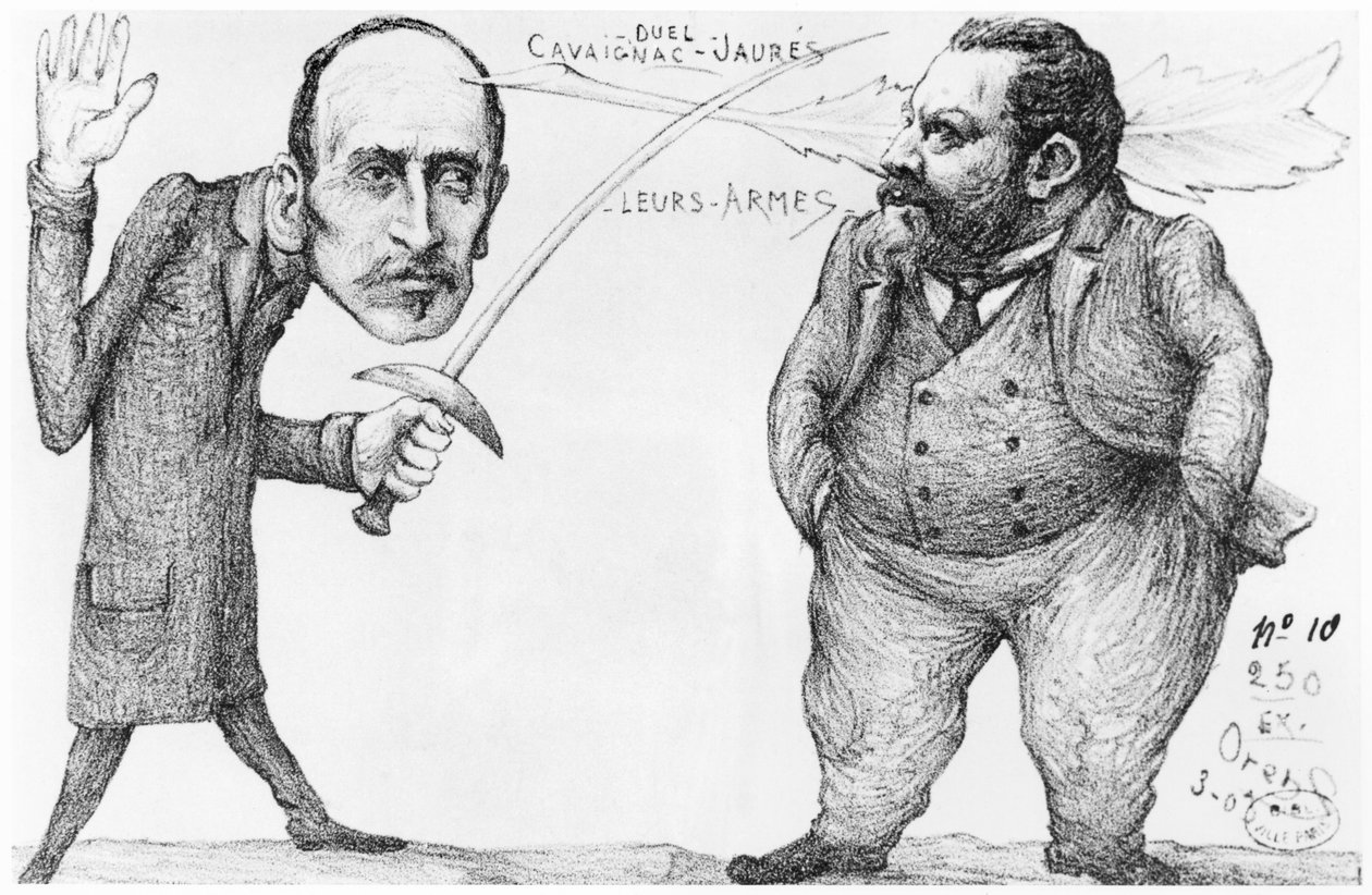 Karikatur af en duel mellem Godefroy Cavaignac (1801-45), krigsminister og Jean Jaures (1859-1914) socialistisk leder og pacifist, 1898 af French School