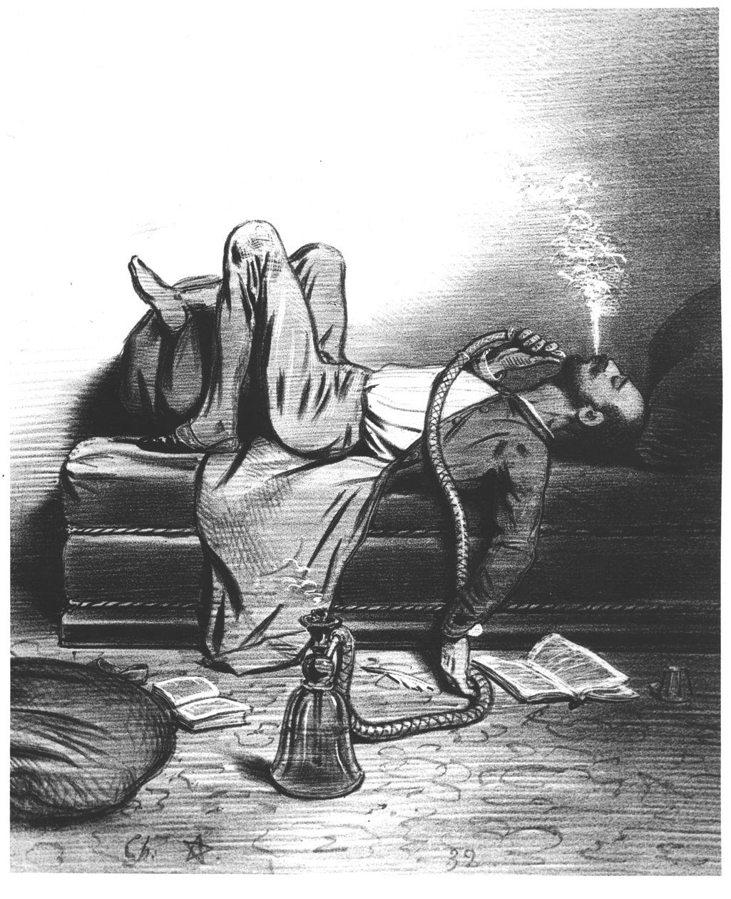 Karikatur af den romantiske forfatter, der søger sin inspiration i hashen, ca. 1849 af French School