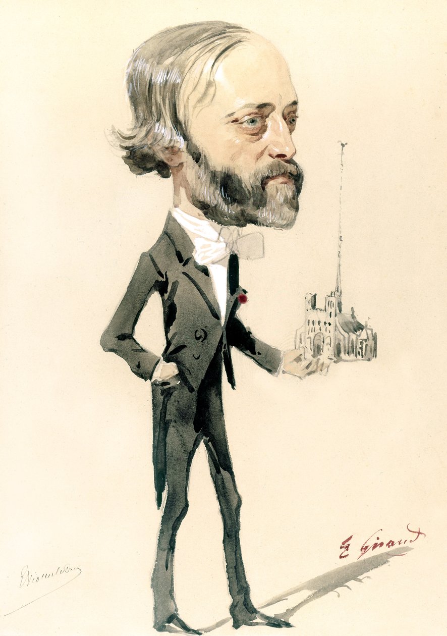 Karikatur af arkitekten Eugène Emmanuel Viollet-le-Duc (farve litho) af French School
