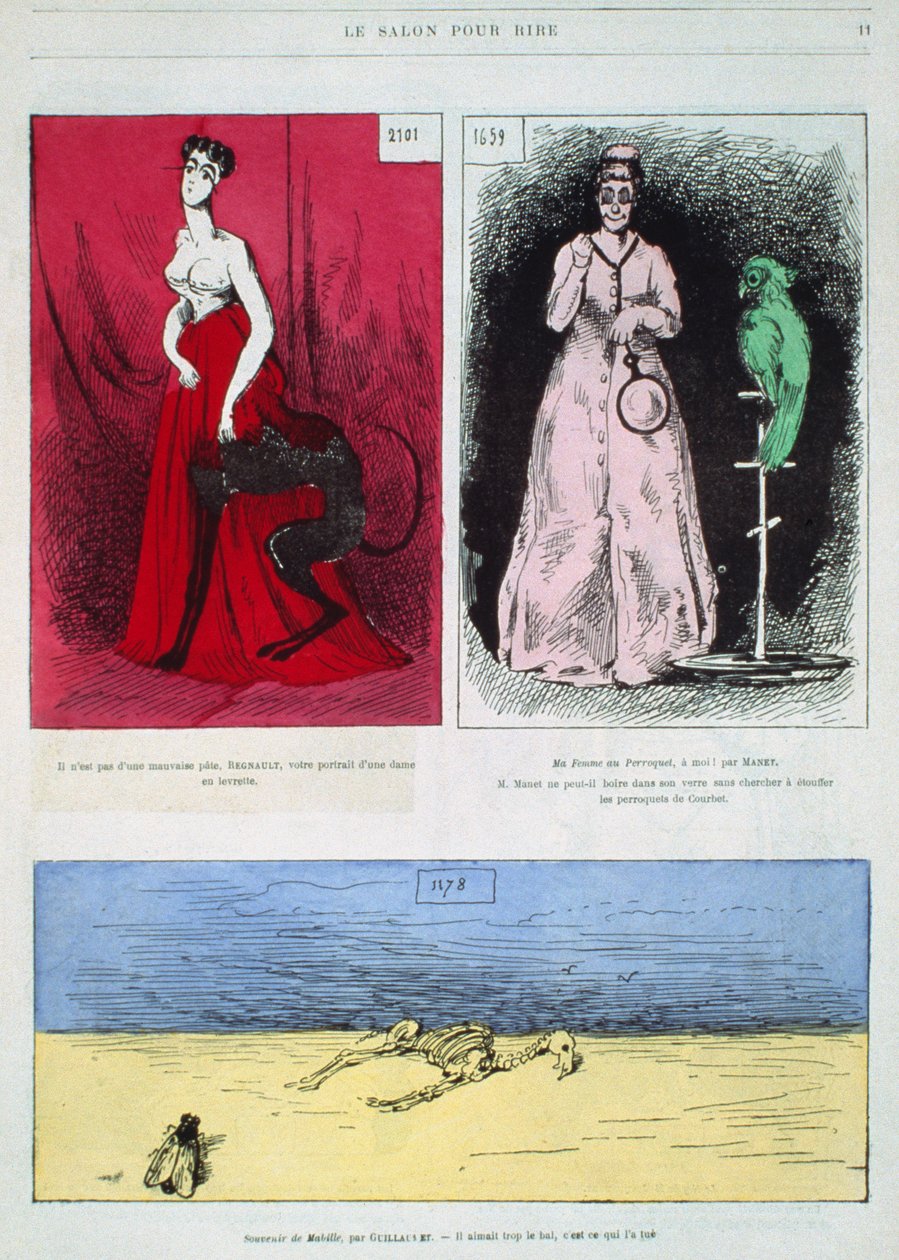 Karikaturer af malere, Henri Regnault, Edouard Manet, Gustave Guillaumet, illustration fra Le Salon pour Rire af French School