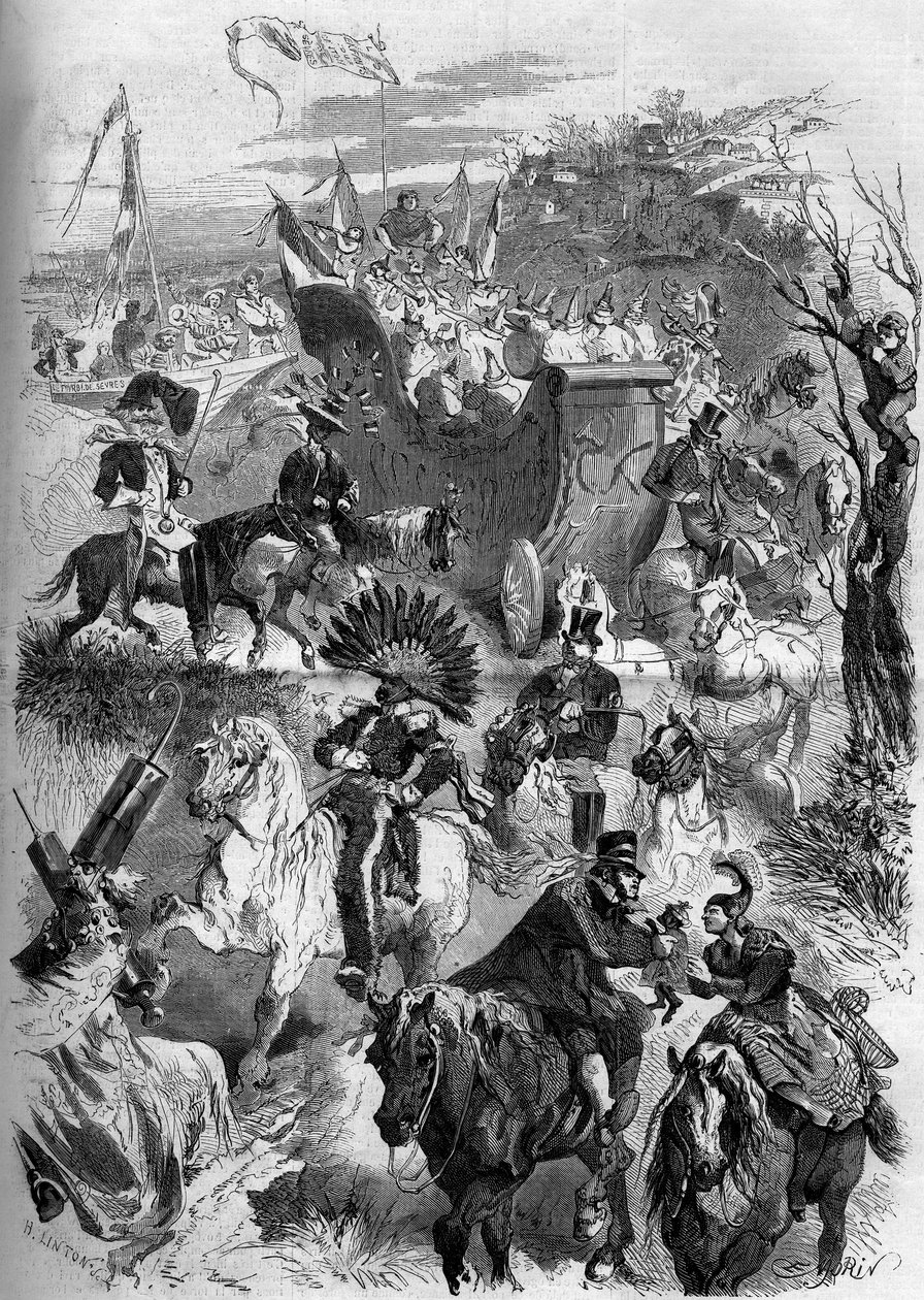 Karneval i Mardi Gras, Frankrig, 8. marts 1859: nedstigning til Paris af maskeraden i Sevres. Indgravering i "" Le Monde Illustré"" nr. 100 af 19. marts 1859. af French School