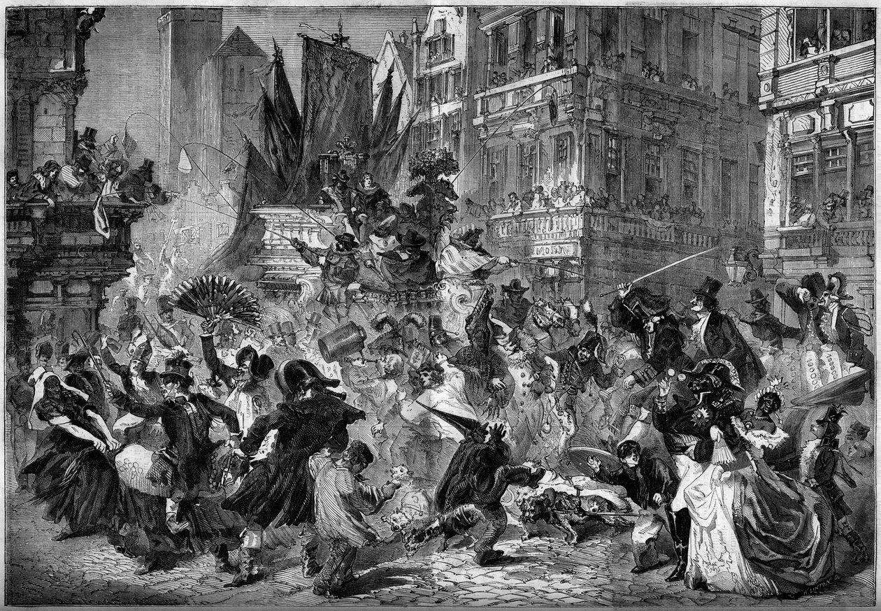 Karnevalsscene i Antwerpens (Belgien) gader i 1860. Indgravering i "" Le Monde Illustré"" nr. 151 af 3. marts 1860. af French School