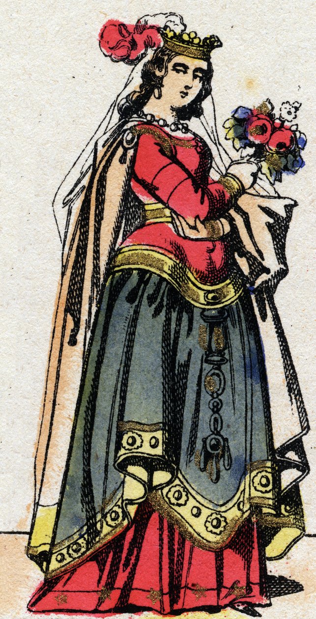Karolingisk dynasti: Portræt af Hildegarde af Vintzgau (v. 758-783) kone til Karl den Store eller Karl den Store (Carolus Magnus, 742-814). Epinal billeddannelse fra slutningen af det 19. århundrede. Privat samling. af French School