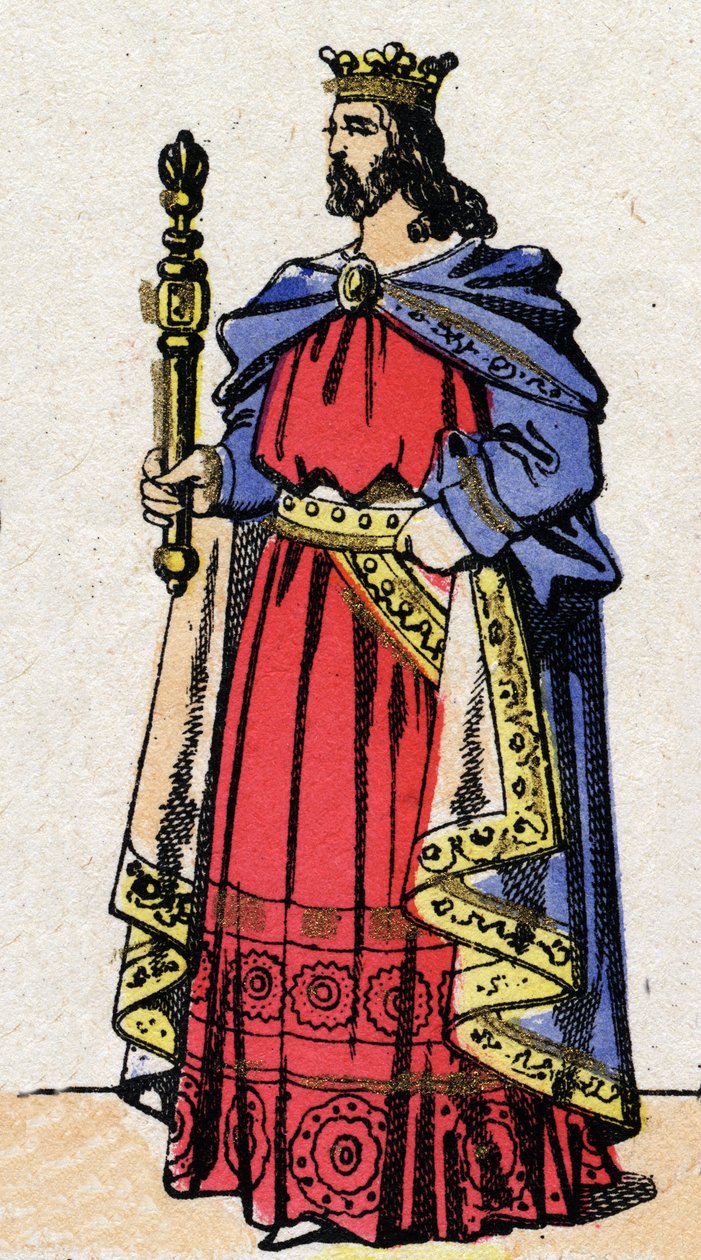 Karolingisk dynasti: Portræt af Ludvig IV, kendt som Outremer (921-954), konge af frankerne fra 936 til 954. Epinal billeddannelse fra slutningen af det 19. århundrede. Privat samling. af French School