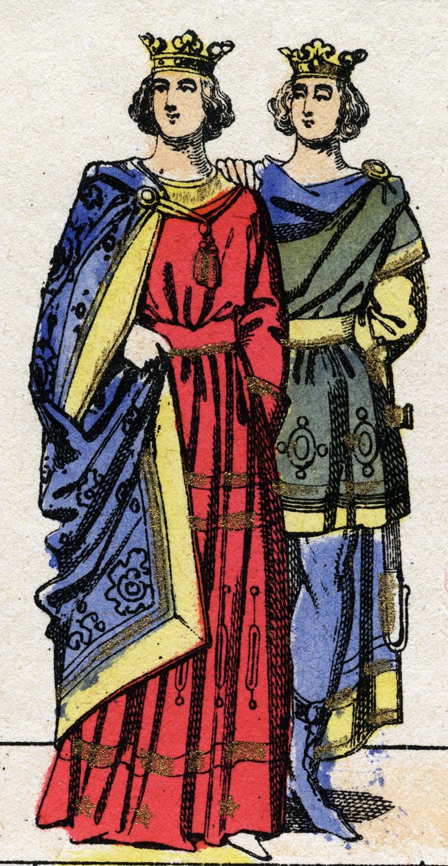 Karolingiske dynasti: Portrætter af Ludvig III (v. 863-882), frankernes konge fra 879 til 882 og af Carloman II (867-884), frankernes konge fra 879 til 884. Epinal billeddannelse fra slutningen af det 19. århundrede. Privat samling. af French School