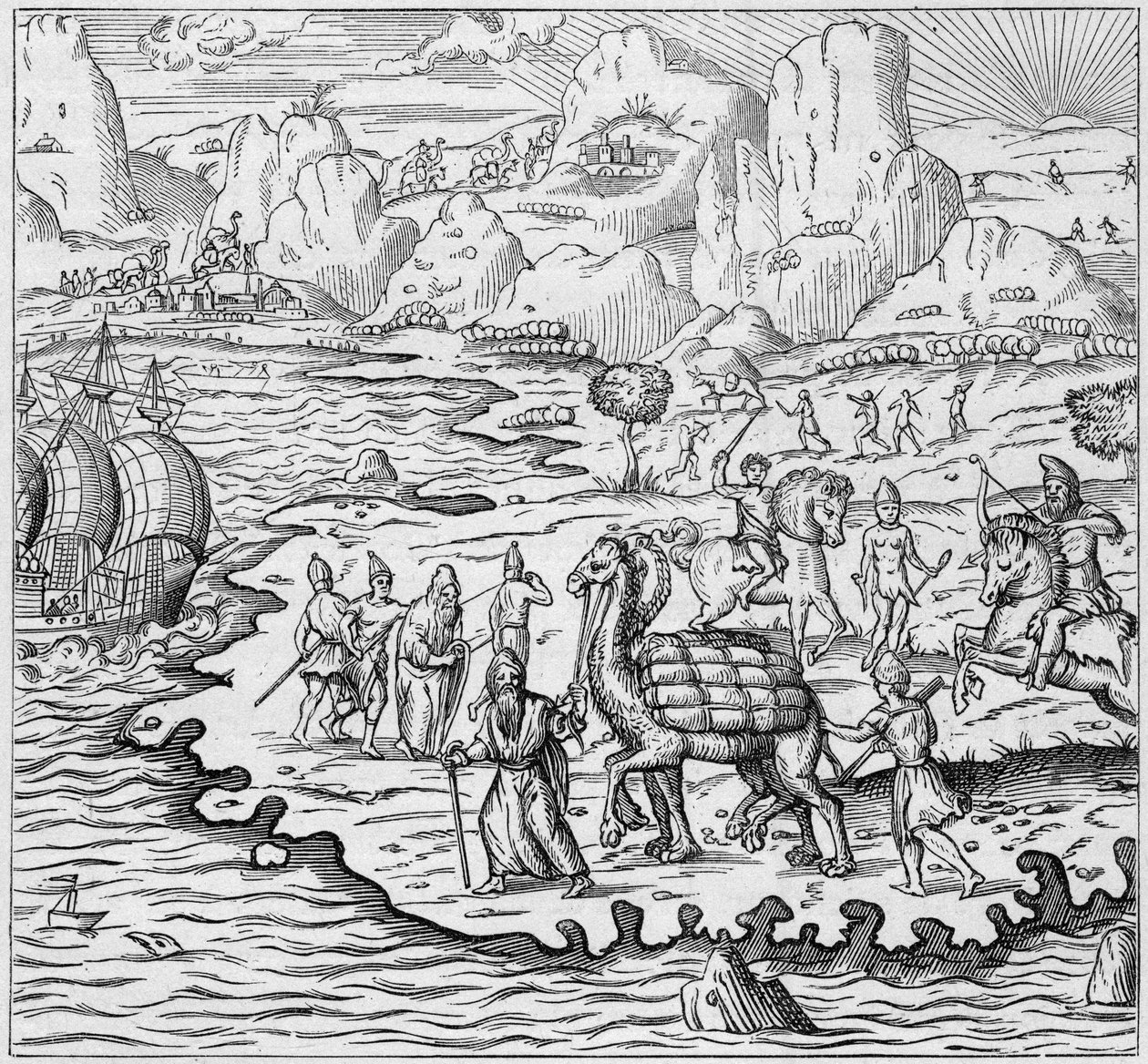 Godstransport med kamel til lastning af skibe, der forlader den græske skranke i Alexandria til Europa. Gravering i "La Marine et les kolonier: handel" af French School