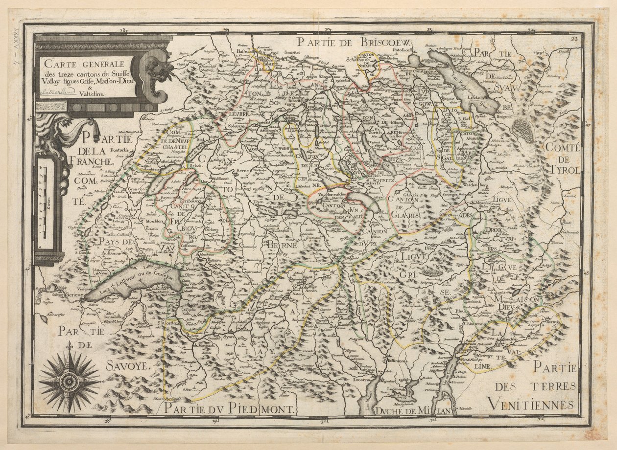 Generelt kort over de tretten kantoner i Schweiz, Vallay, Ligues, Grise, Maison-Dieu og Valteline af French School