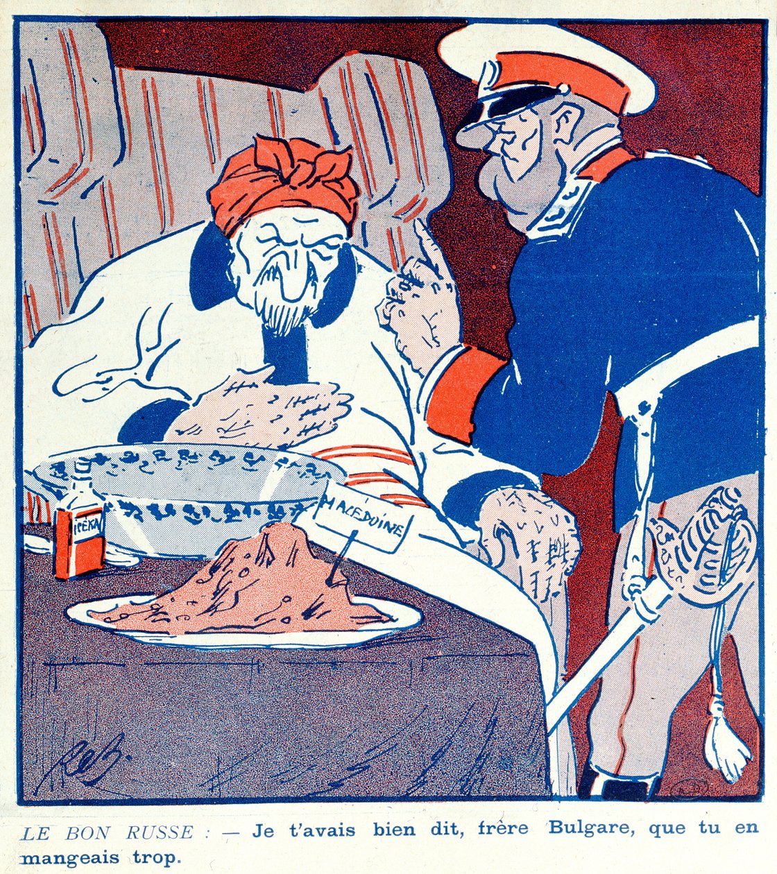 Tegneserie, der kritiserer Bulgariens grådige adfærd over opdelingen af Makedonien under Balkankrigene 1912-13 af French School