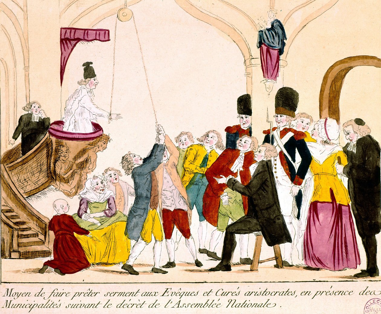 Tegneserie af franske aristokrater og præster, der aflægger troskabsed til republikken (farvet indgravering) af French School