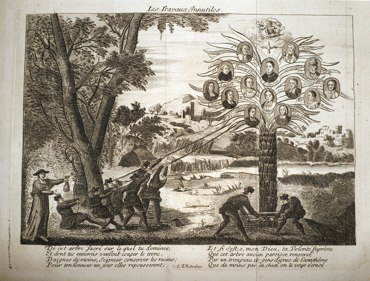 Tegneserie, der viser jesuitter, der forsøger at rive Jansenismens træ ned, af French School