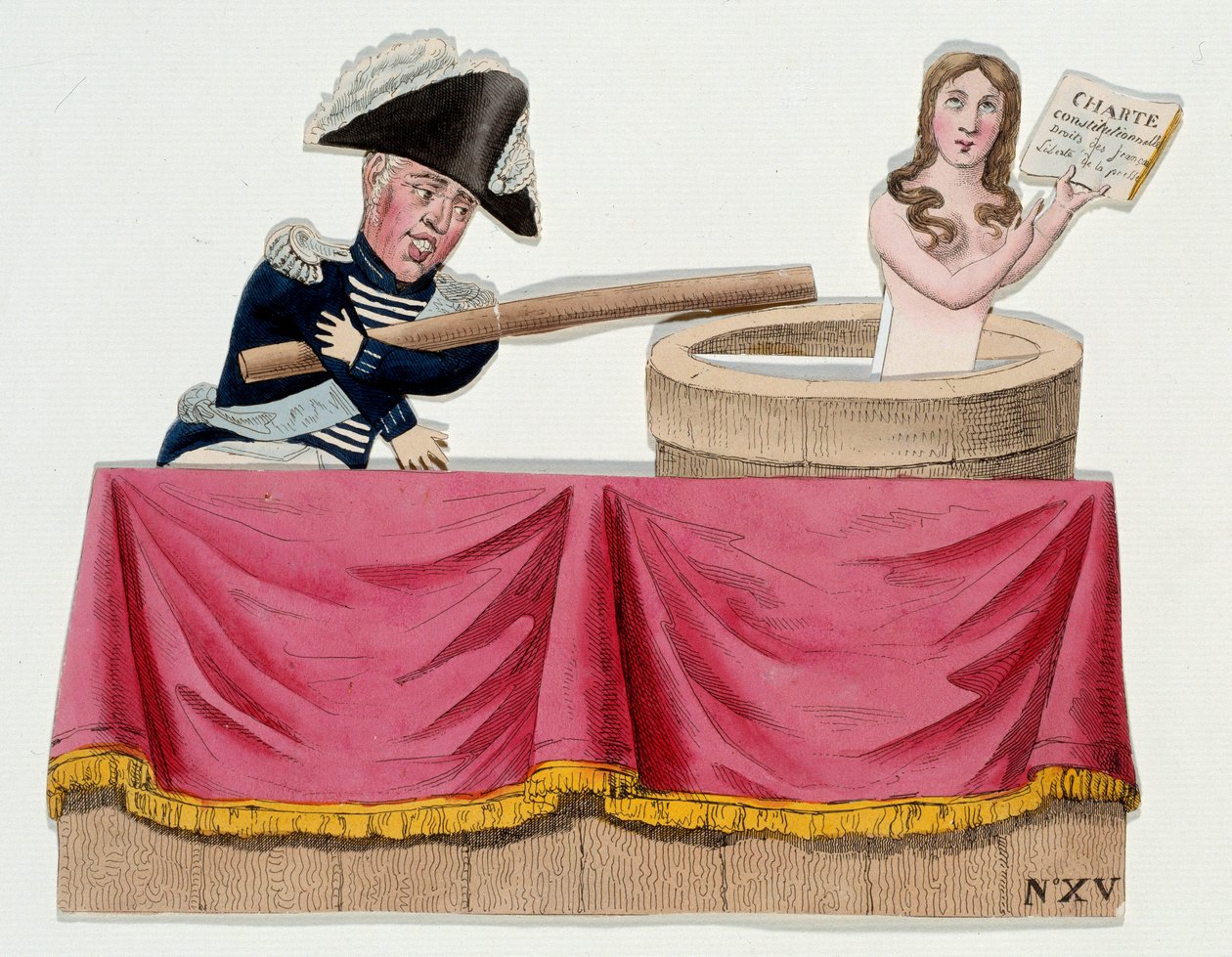 Tegneserie, der skildrer kong Charles X (1757-1836) i form af guignols, der benægtede det forfatningsmæssige charter på det tidspunkt, hvor kongen afskaffede pressefriheden i juli 1830 (Saint Cloud ordinances). Stik omkring 1830. Paris, Musee Carnavalet af French School