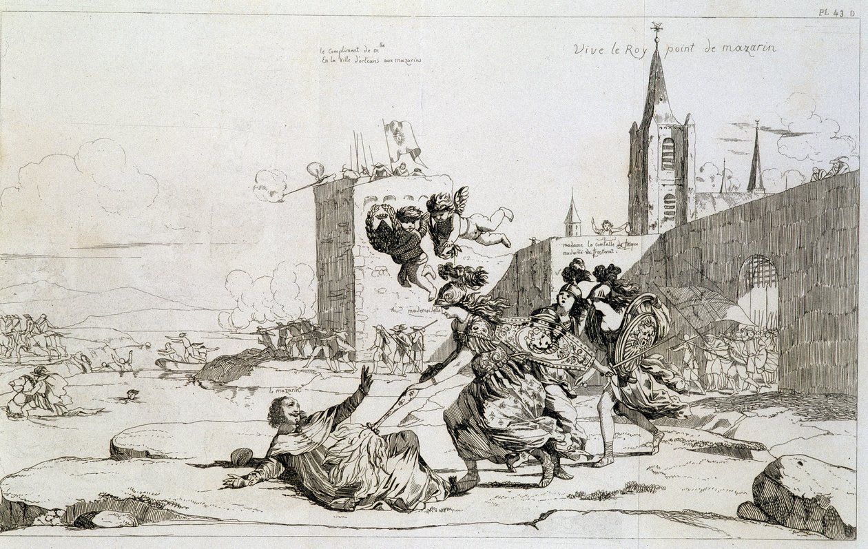 Tegneserie, der skildrer Mademoiselle de Montpensier (Grande Mademoiselle) "" fejer ud af Frankrig Mazarin og hans tilhængere"" af French School