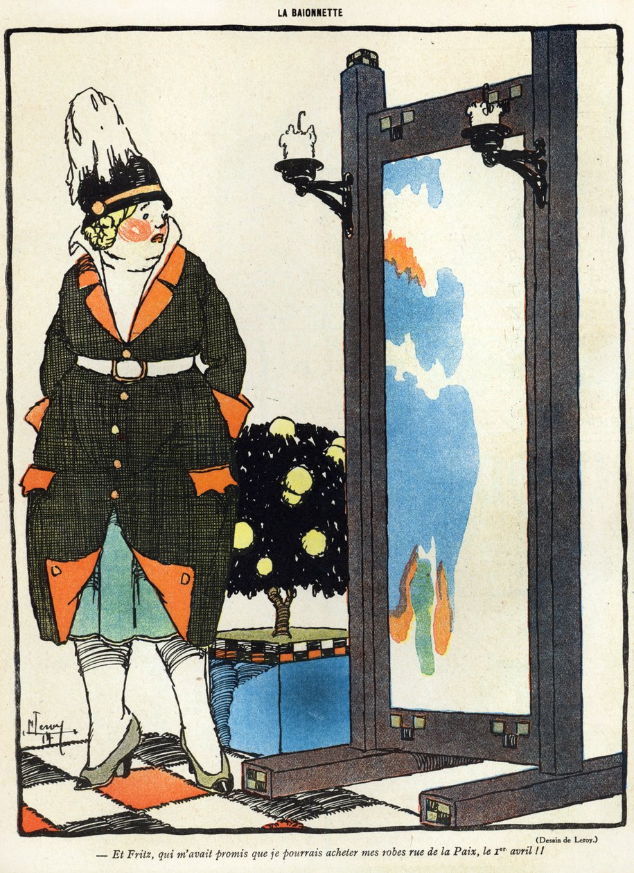 Tegneserie af en tysk dame skuffet over ikke at kunne købe sit nye tøj i Paris i rue de la Paix, fra aprilsnar-udgaven (Poisson dAvril) af magasinet La Baionette, 29. mar. af French School