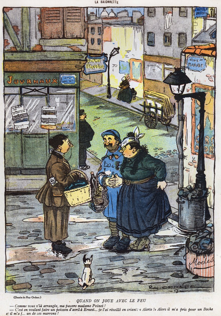 Tegneserie, der viser resultatet af en hustrus forsøg på at spille sin mand et puds, fra aprilsnar (Poisson dAvril) udgaven af magasinet La Baionette, 29. marts 1917 af French School