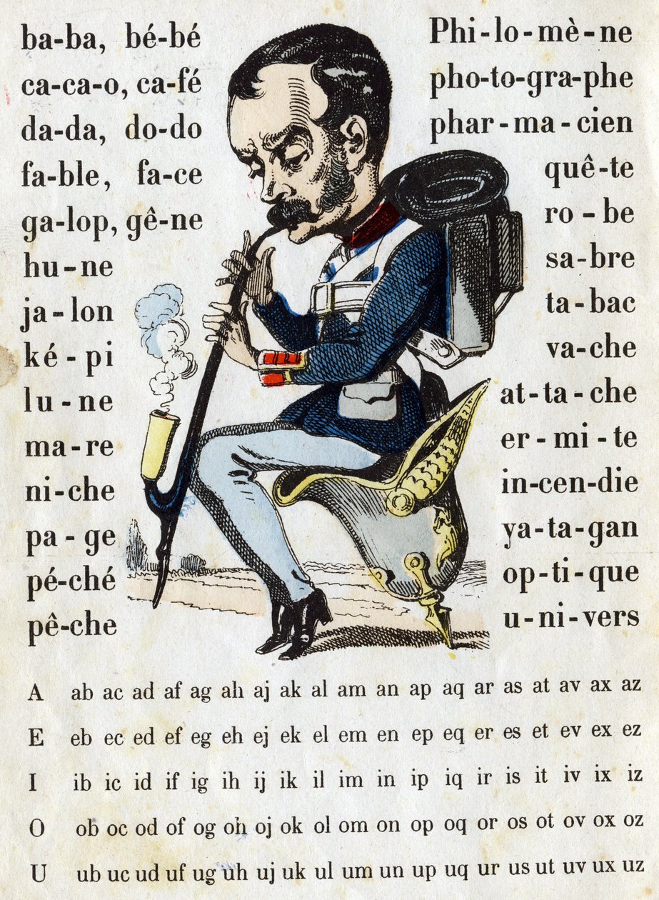 Tegnefilm i en preussisk slagskibsdragt. ABC militær (alfabet - abecedary). Billeddannelse af Epinal af French School