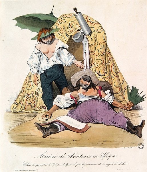 Tegnefilm med franske kunstnere i Algeriet, ca. 1830 (farve litho) af French School