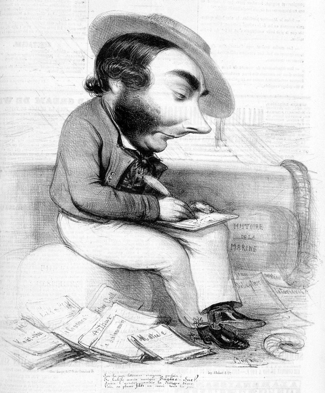 Tegneserie af Eugène Sue, der skriver, omgivet af hans publikationer føljetoner i pressen - i "" Le Charivari"", omkring 1840 af French School