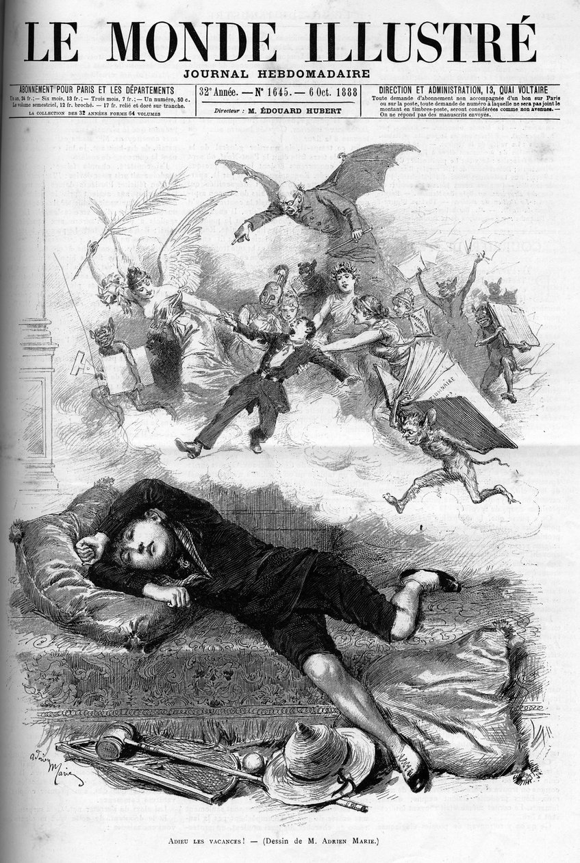 Tegneserie af en ung skoledreng, der irettesætter fra slutningen af ferien, der nærmer sig klasseudlejning i 1888. af French School