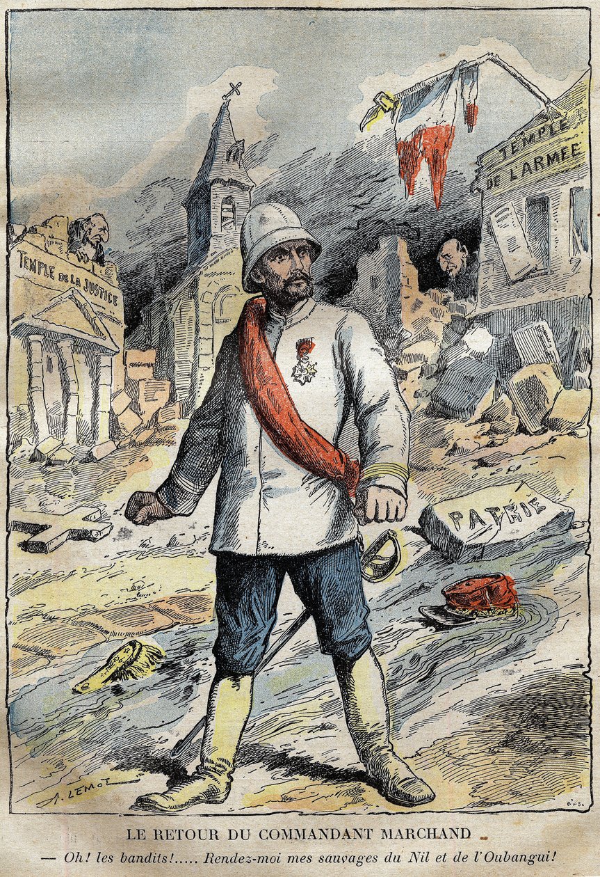 Tegnefilm om kommandør Jean-Baptiste (Jean Baptiste) Marchand (1863-1934), i Toulon, på vej tilbage fra en udforskningsmission (1896-1899) i Afrika. Indgravering i "" Le Pelerin"" 4/06/1899. af French School