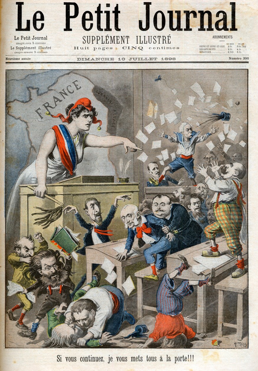 Tegneserie på ordre fra Deputerethuset - Le petit Journal, juli 1898. - Marianne og den politiske klasse. I midten, Paul Deroulede (1846-1914), Jules Meline (1838-1925), Edouard Drumont (1844-1917) - Hvis du fortsætter, vil jeg sætte jer alle til d af French School