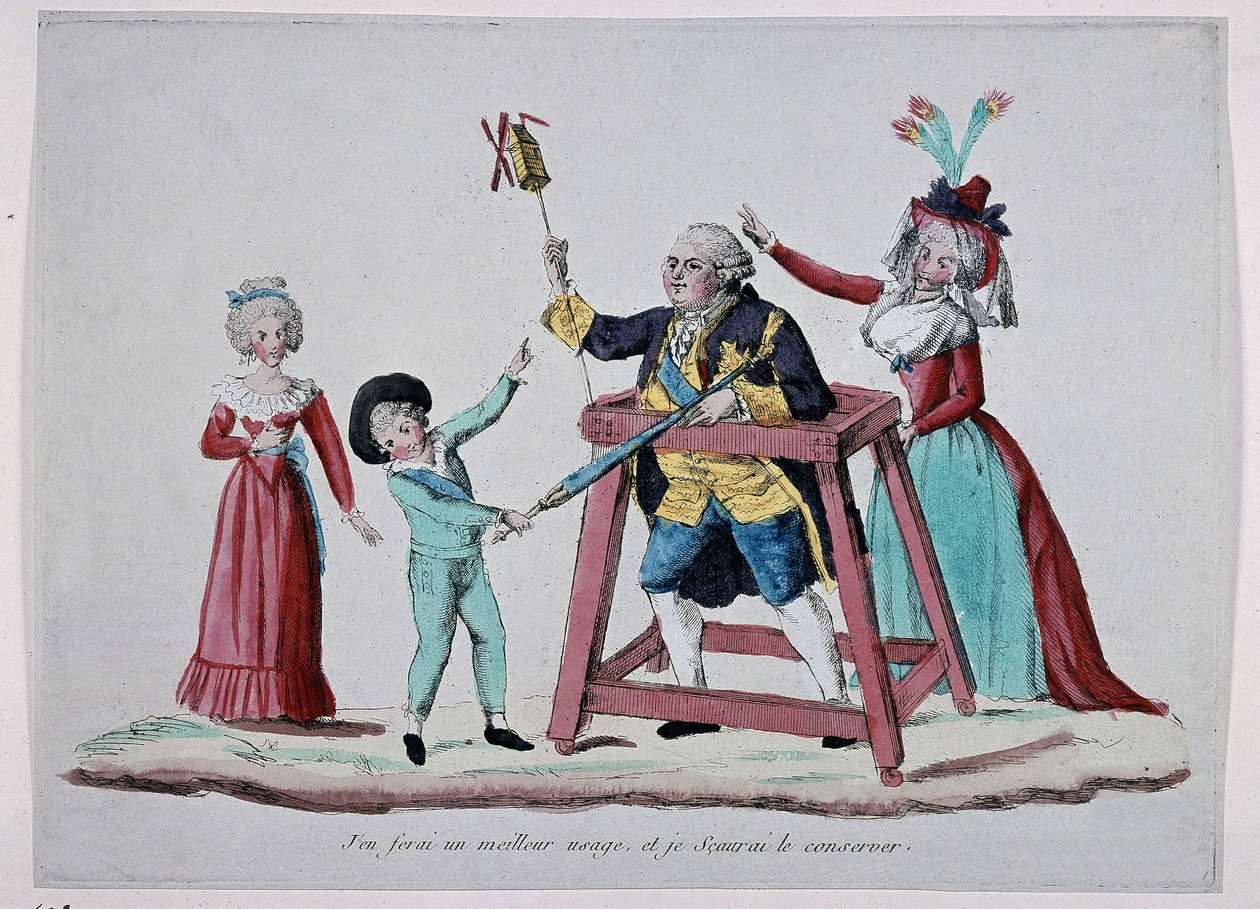 Tegneserie om kongefamilien (Louis XVI og Marie Antoinette med deres børn) under den franske revolution, omkring 1790 - Musee Carnavalet af French School