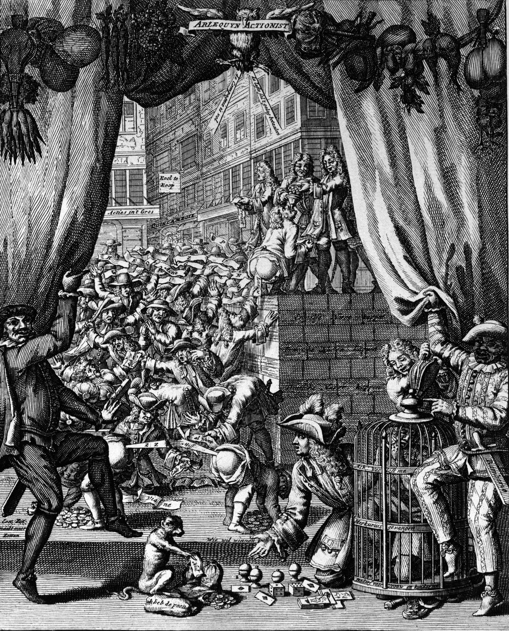 Tegnefilm om systemet af John Law, rue Quincampoix - John Law de Lauriston (1671-1729). gravering af French School