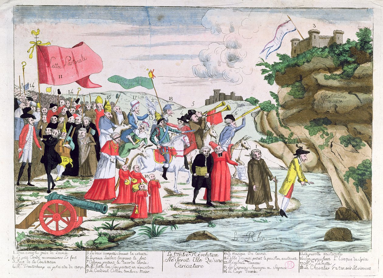 Tegneserie, der latterliggør de franske præster og aristokrater, der søgte tilflugt i Tyskland under revolutionen, ca. 1792 af French School