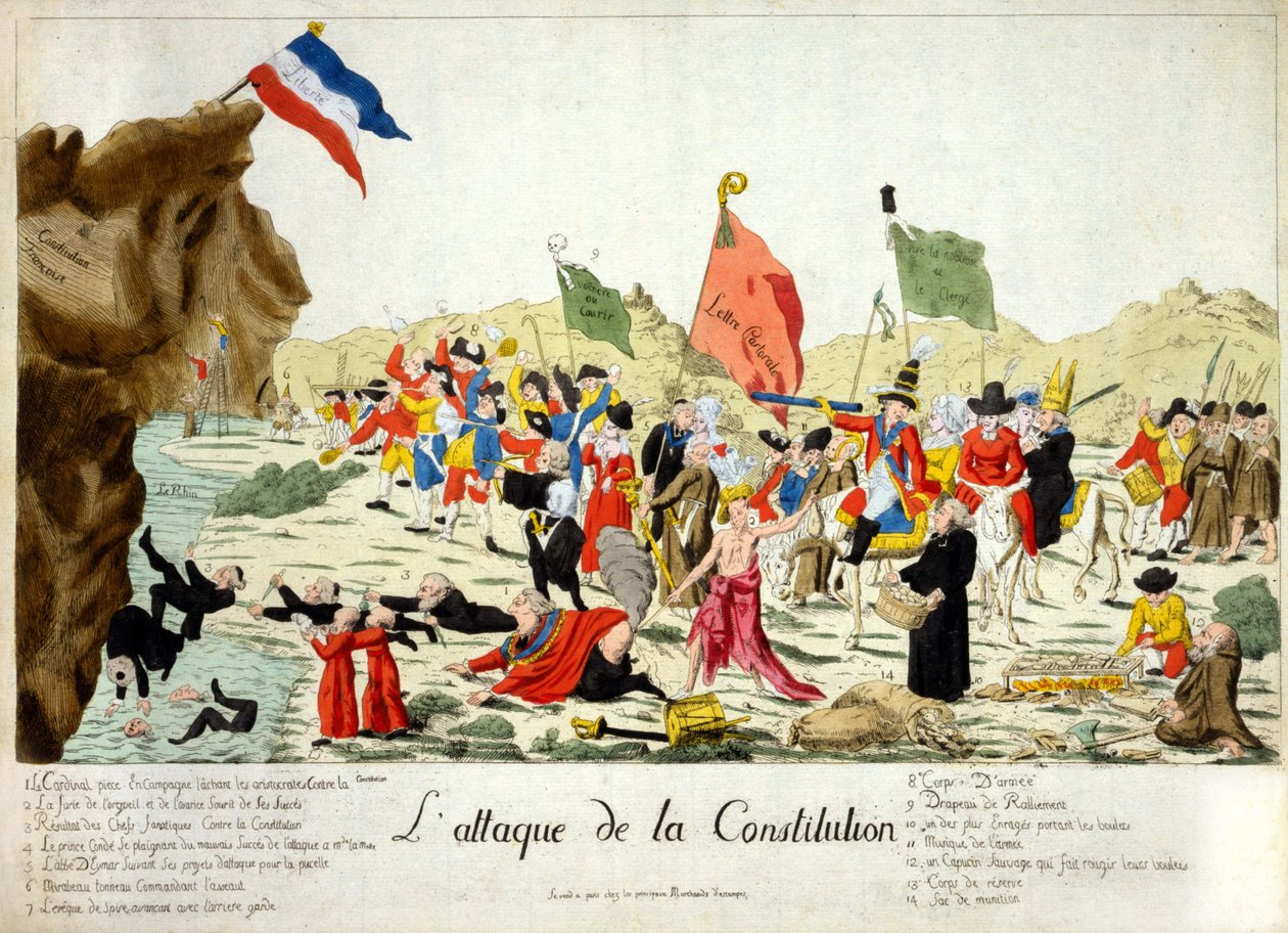 Tegneserie, der viser medlemmer af forskellige grupper, der angriber en sten, identificeret som "" fransk forfatning", hvorpå det franske flag hviler med inskriptionen "" Liberté"". Grupper er nummereret og identificeret under kopien. 1792 af French School