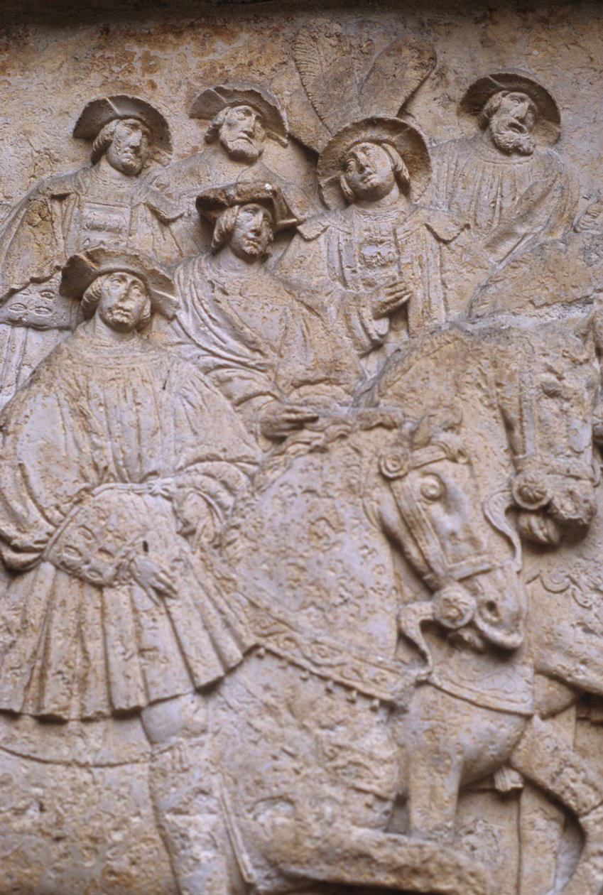 Udskåret stenrelief i den indre gårdhave, der viser Field of Cloth of Gold, fra Hotel de Bourgtheroulde, Rouen, Normandiet, 1501-37 af French School
