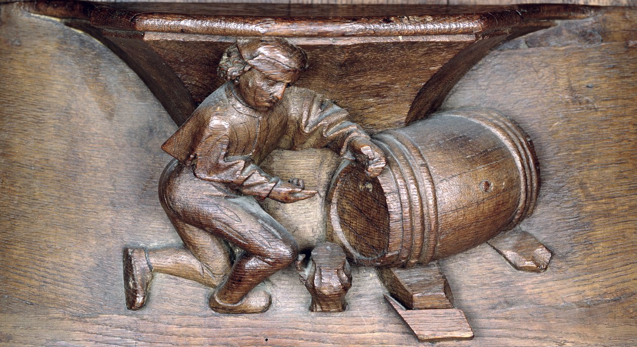 Udskæring, der forestiller en mand, der sætter en hane på en tønde, fra en korbod fra klosteret St. Lucien i Beauvais (træ) af French School