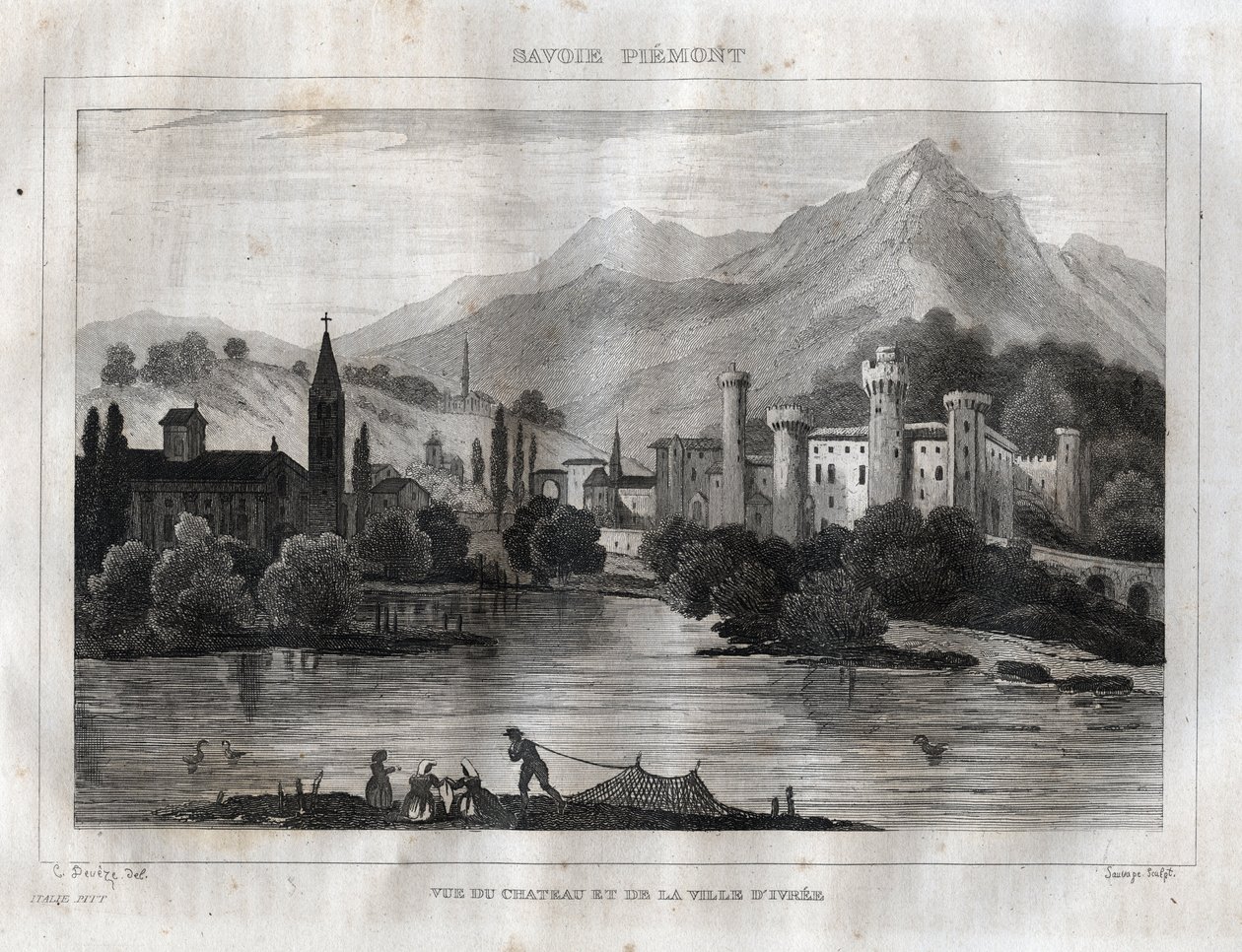 Slottet Ivrea - Castello di Ivrea - Indgravering fra "" Det maleriske Italien"" af M. de Norvins, Ch. Nodier 1834-1836. af French School