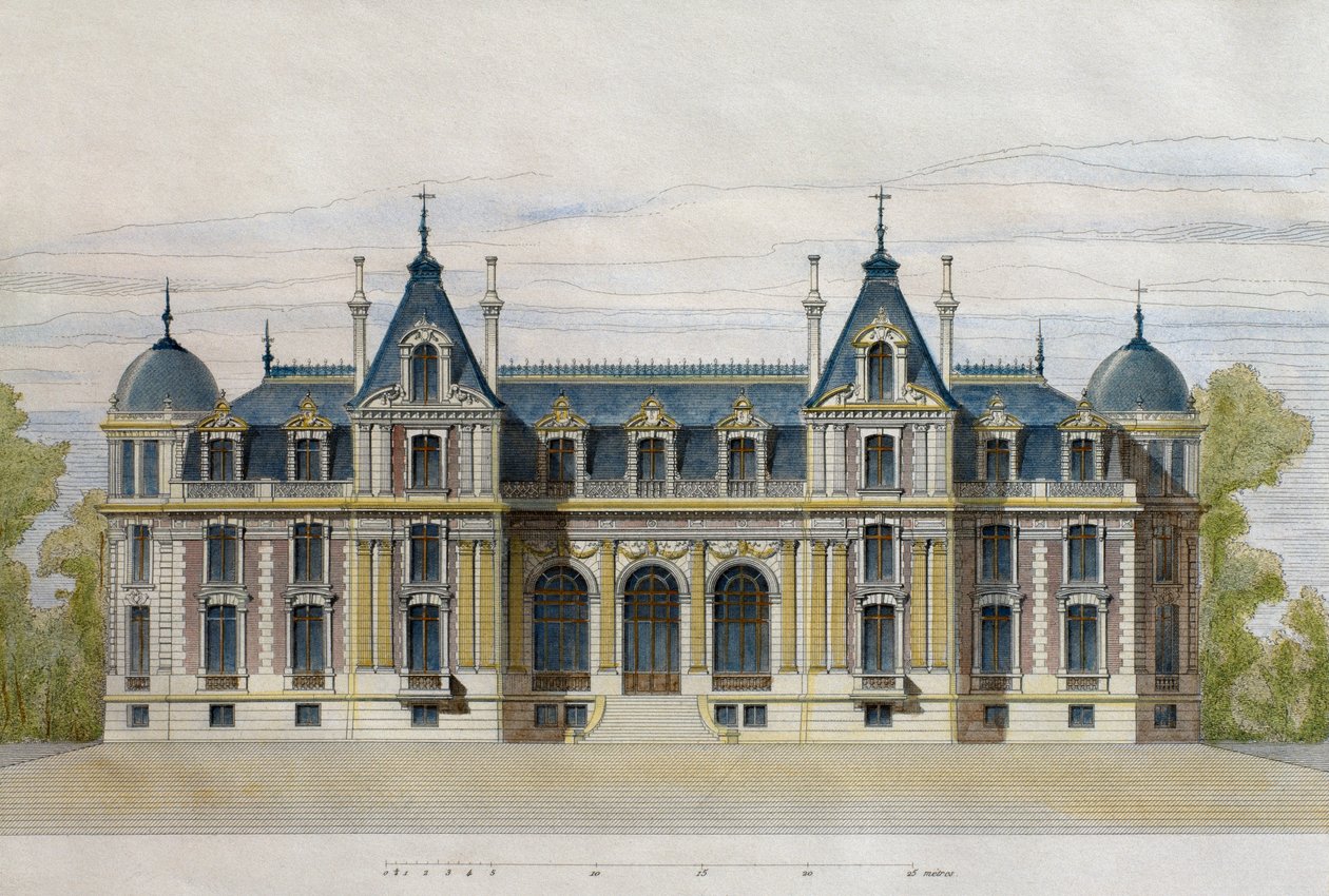 Slottet Neuflize tilhørende Pate Brothers, havefacade, illustration fra Le Moniteur des architectes, 1884, graveret af F. Penel (farvestik) af French School
