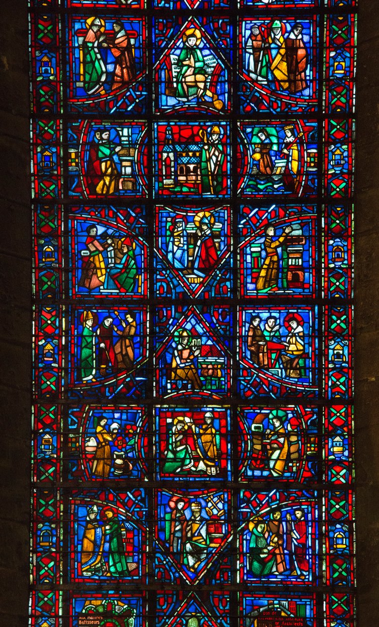 Cathedral of Chartres, farvet glas: Saint fulberts liv, eveque of chartres i det 11. århundredes detaljer af French School