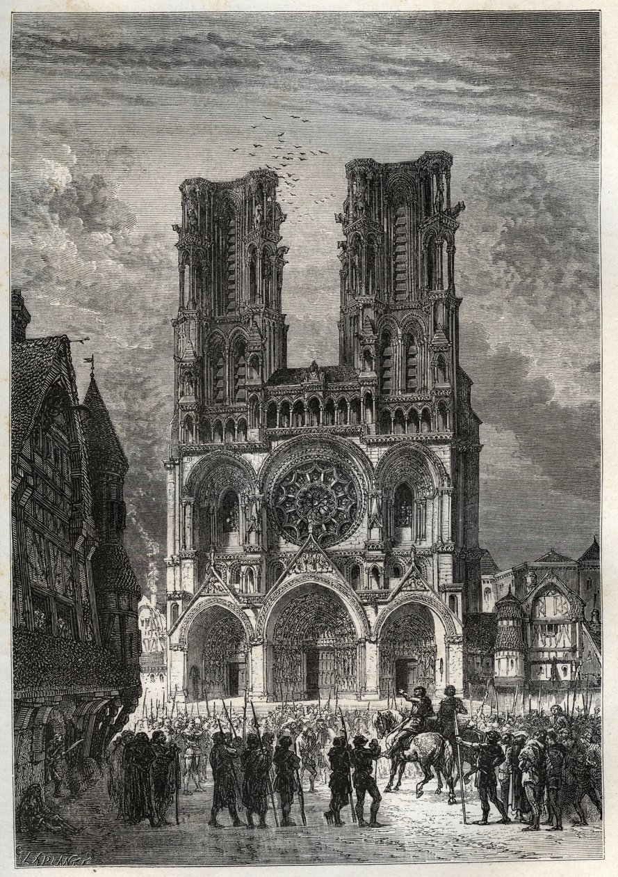 Cathedrale Notre-Dame (Notre Dame) de Laon (1150-1180), Aisne - Laon Cathedral - gravering fra "" Frankrigs historie fortalt til mine børnebørn"" - af Francois Guizot - 1872-1876 af French School